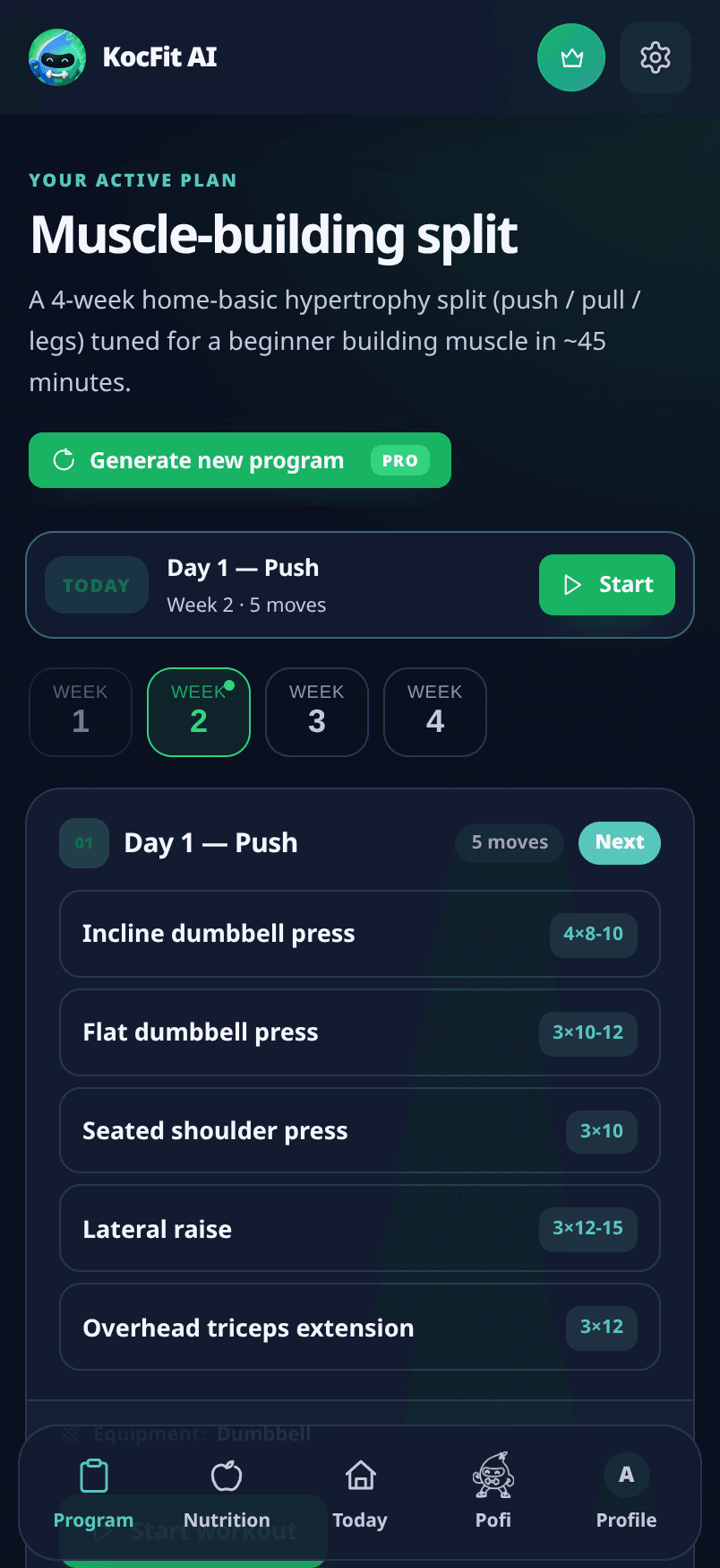 KocFit AI workout program screen